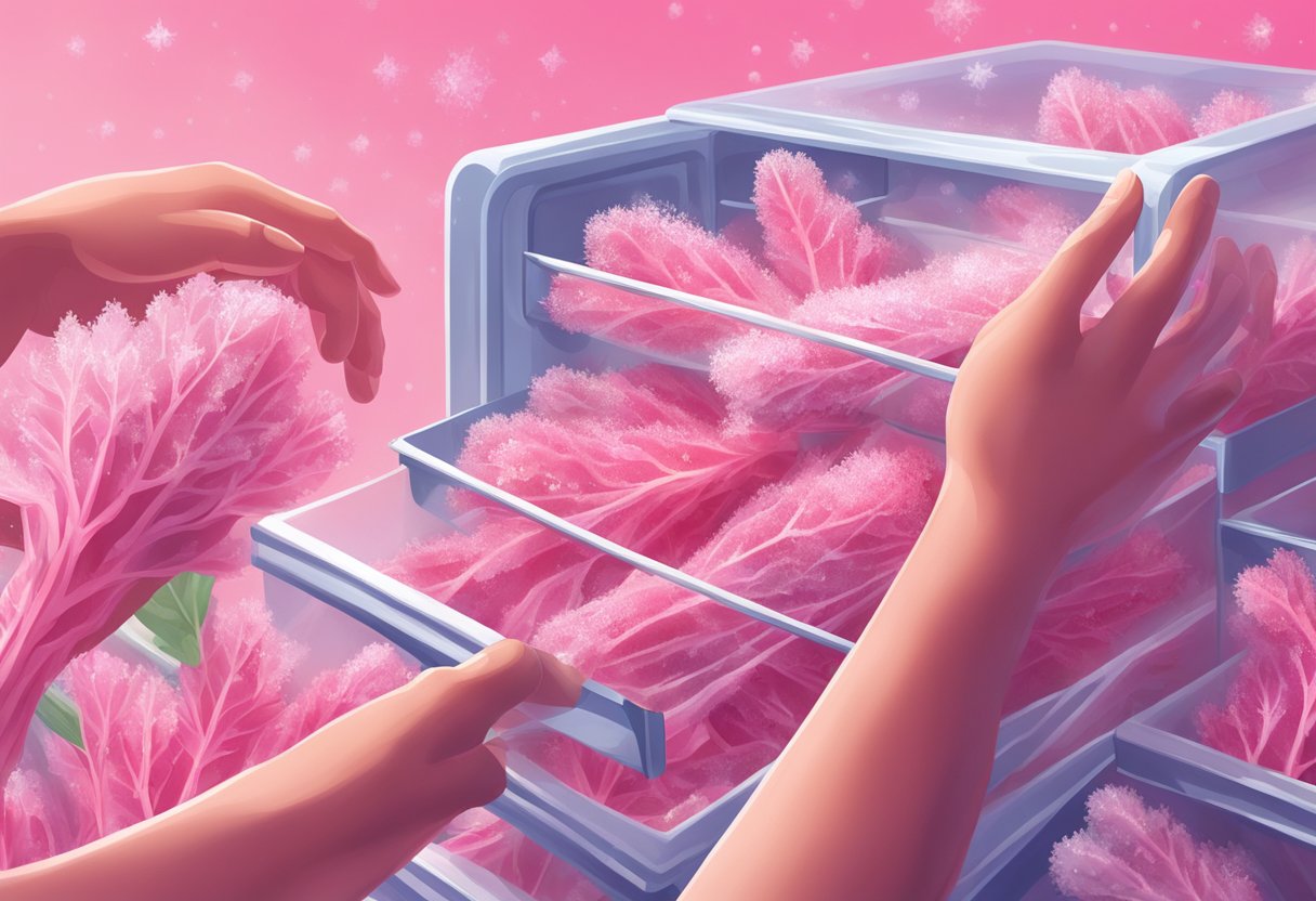 A hand reaches into a freezer, grabbing a bag of frozen rhubarb. Ice crystals glisten on the bright pink stalks