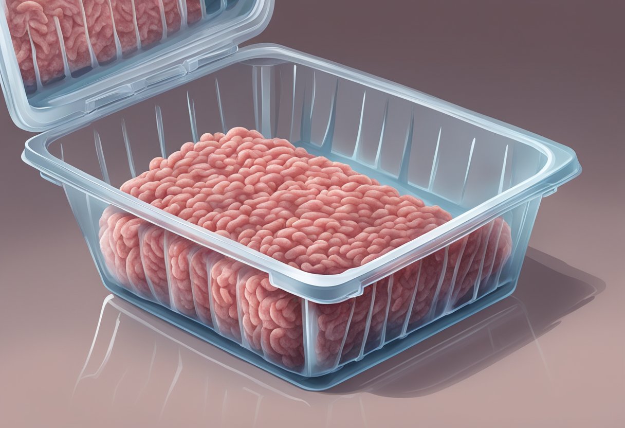 A package of ground meat sits in a freezer, surrounded by frost