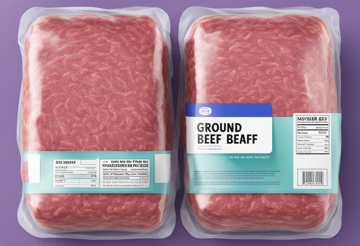 A package of ground beef is tightly wrapped and labeled with a date before being placed in the freezer