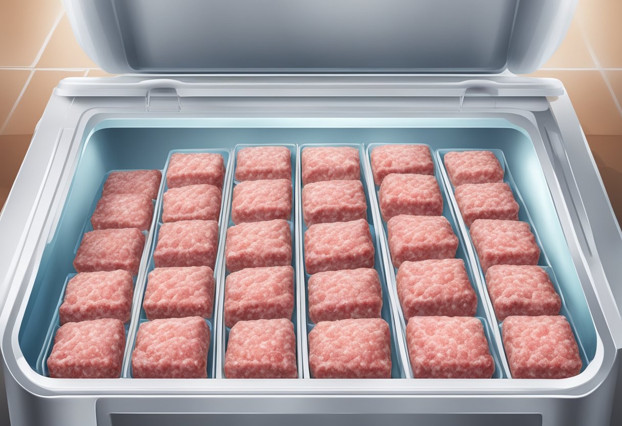 A freezer with neatly organized packages of ground meat, labeled with expiration dates. Ice crystals form on the edges of the packages