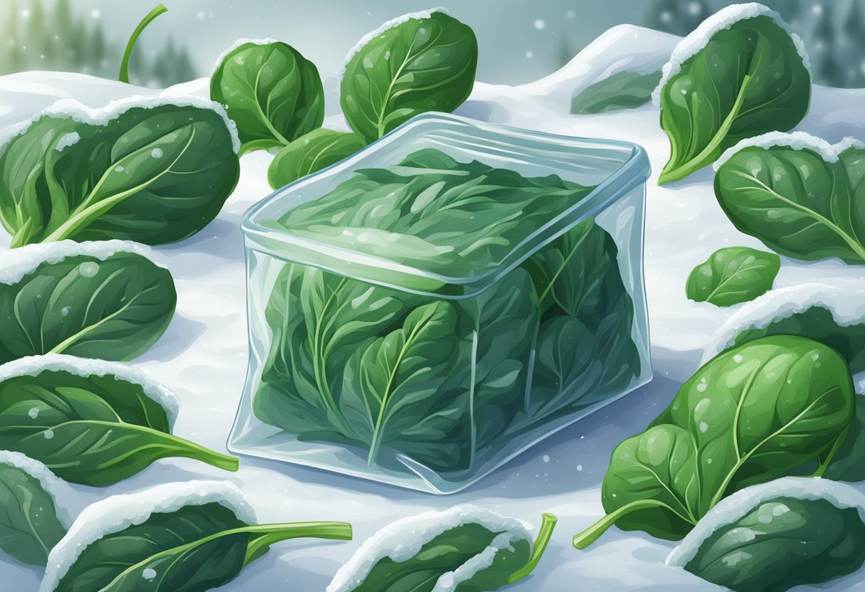 A bag of spinach is placed in the freezer, surrounded by frost