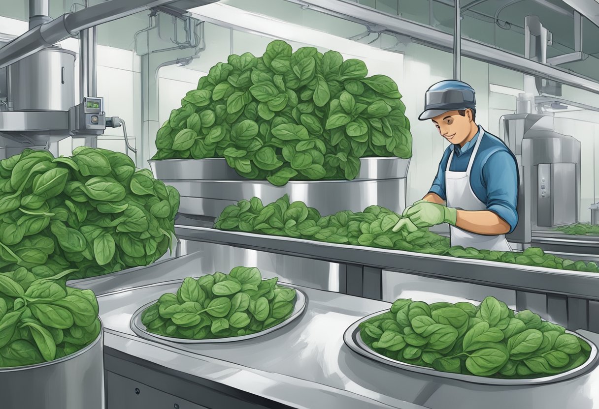 Spinach being prepared and frozen in a factory setting