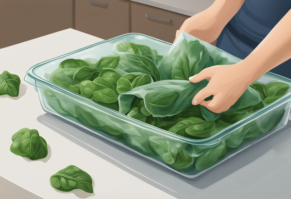 A bag of frozen spinach being taken out of the freezer and placed on a kitchen counter