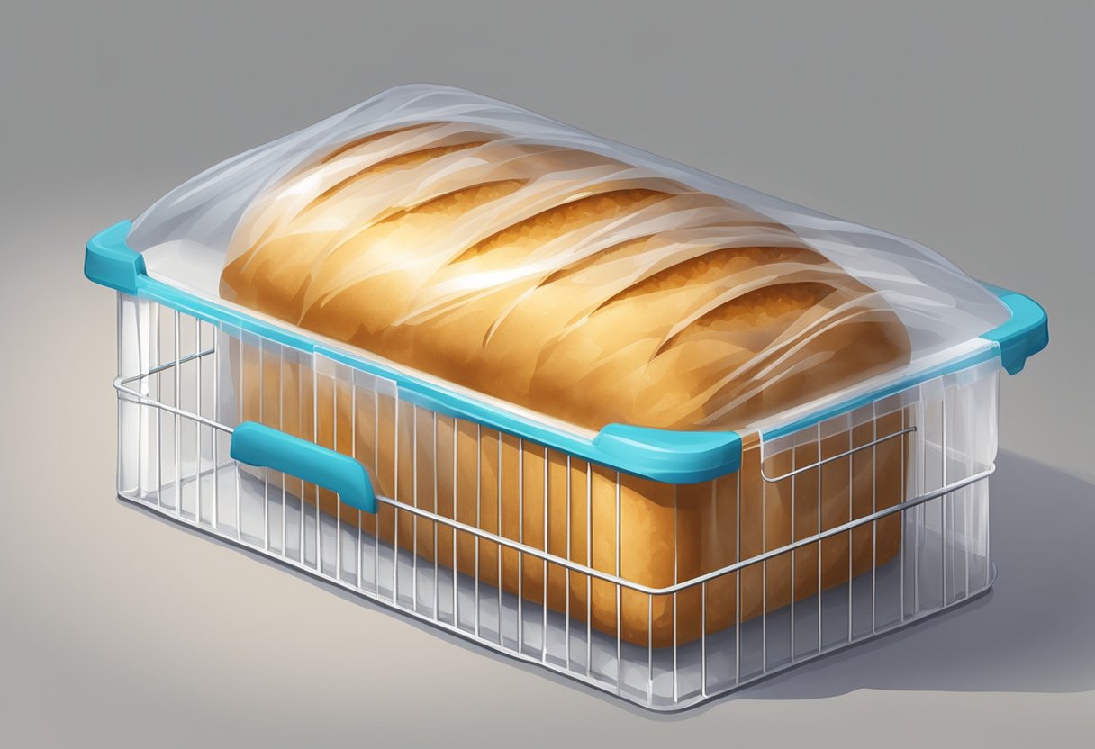 A loaf of bread wrapped in plastic, stored in a freezer