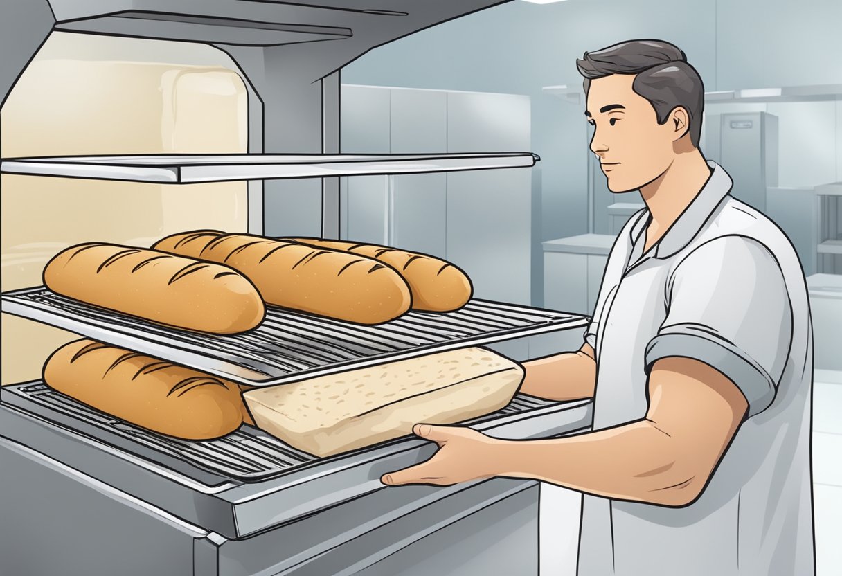 Bread being placed in a freezer, then taken out and thawed. Showing the process of freezing and thawing bread