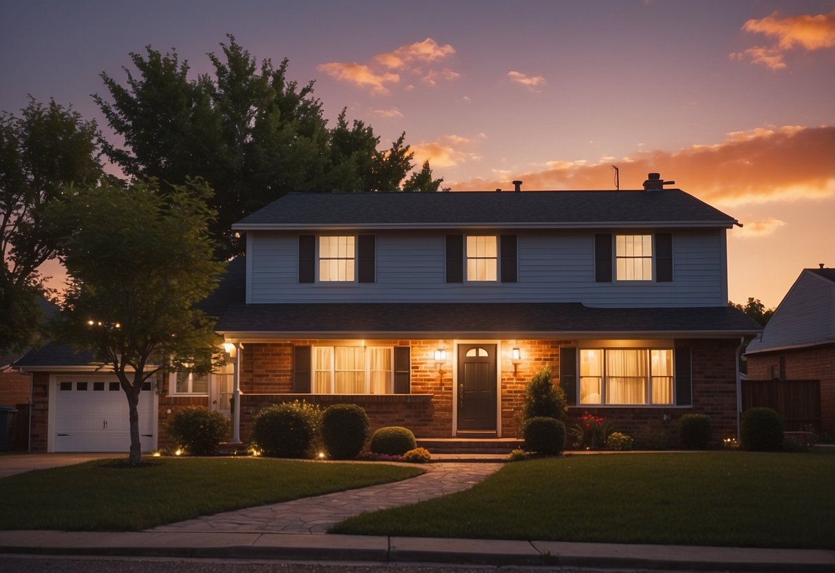 A suburban house with warm interior lights, against a colorful twilight sky with a hint of city lights in the distance