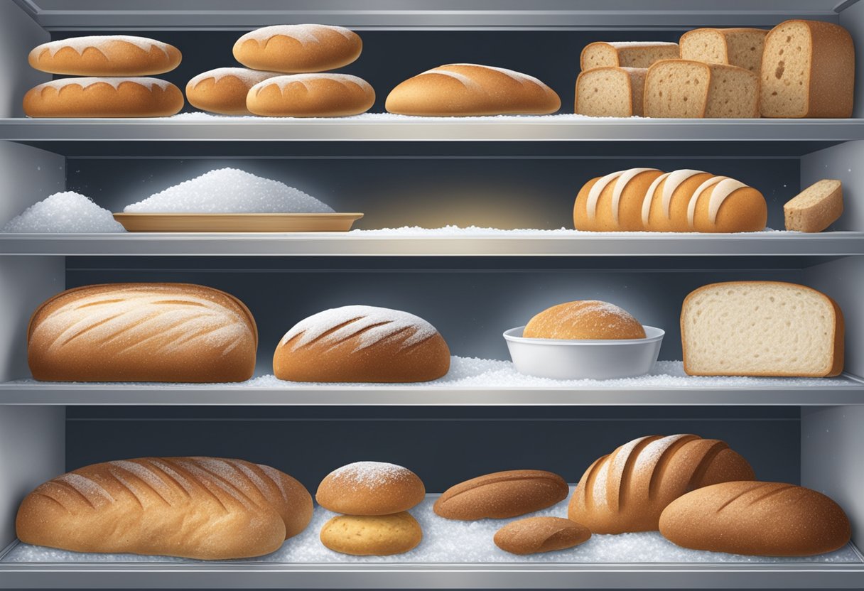 Various bread types with labels "Hållbarhet" and "Kvalitet" in a freezer. Ice crystals form on the loaves indicating time passing