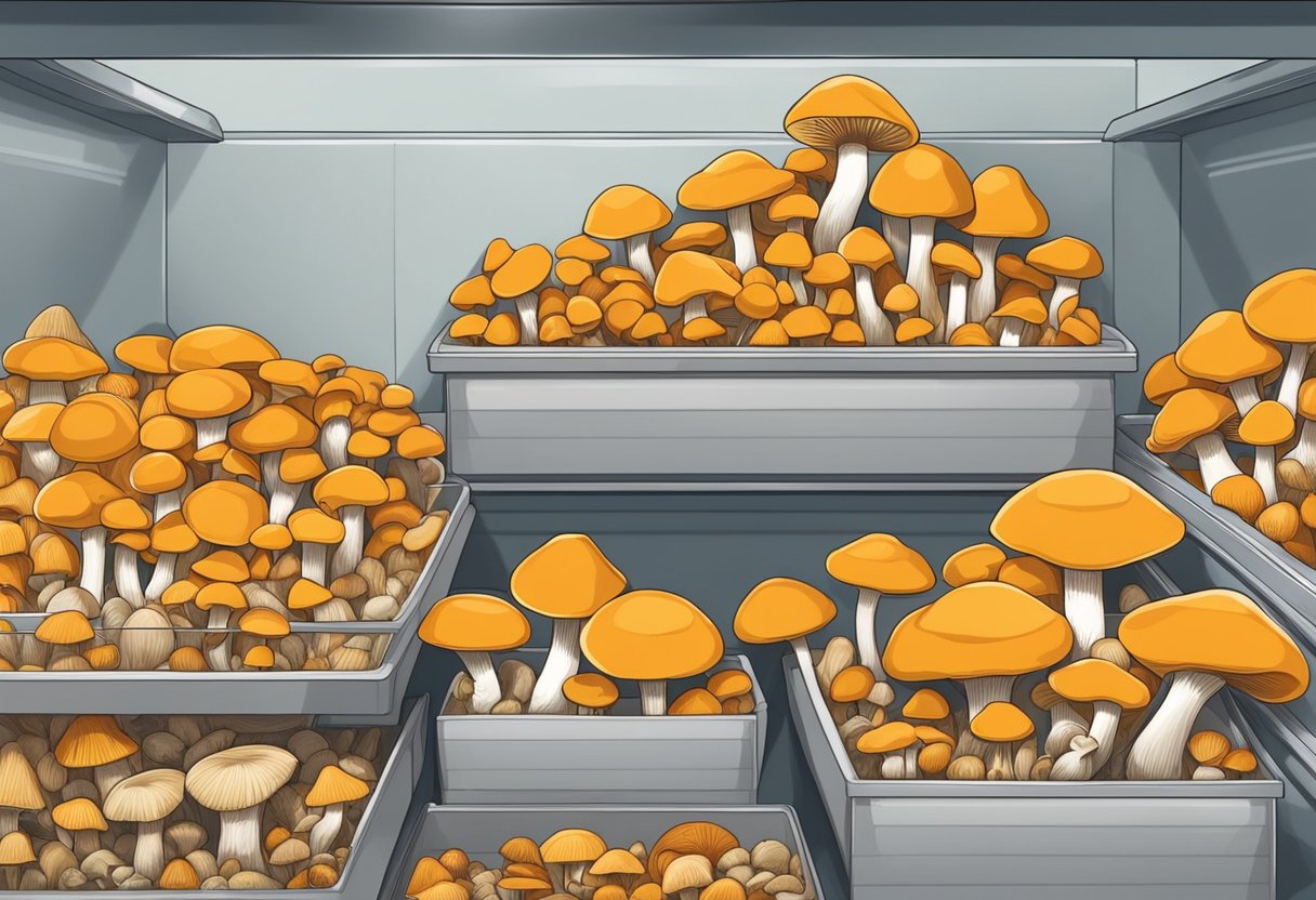 Freshly picked mushrooms neatly stored in a freezer. How long do chanterelles last in the freezer?