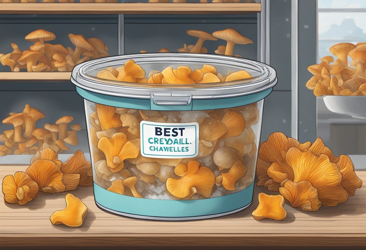 A container of frozen chantarelles sits on a shelf, labeled with a "best before" date. Ice crystals cling to the edges as the mushrooms wait to be thawed and enjoyed