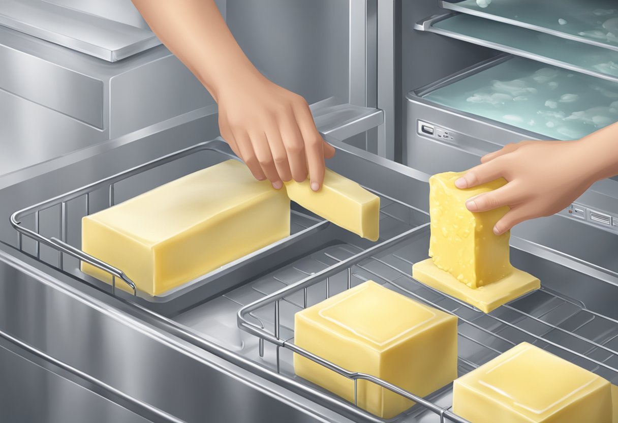 A block of butter being placed into a freezer, showing the process of freezing butter