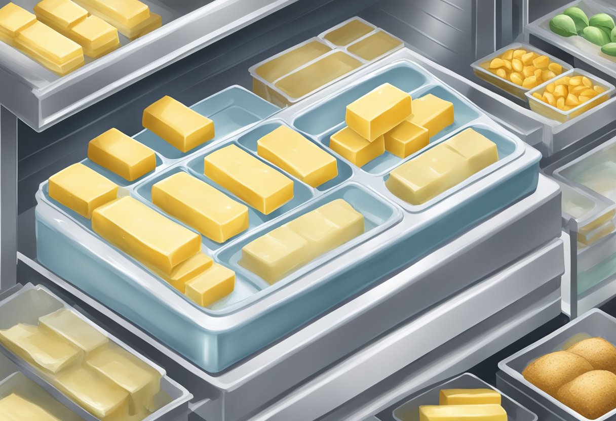 A stick of butter is being placed into a freezer, surrounded by frozen food items