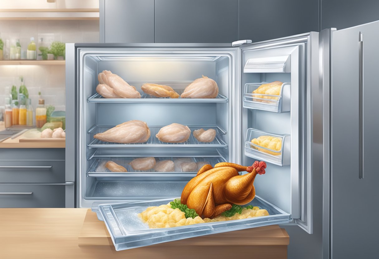 A fresh chicken being frozen in a freezer