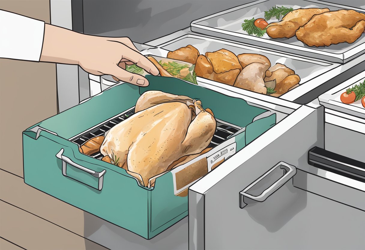 A hand reaching into a freezer, placing a package of fresh chicken inside. An open recipe book with "Recept och Matlagningstips frysa in färsk kyckling" on the counter