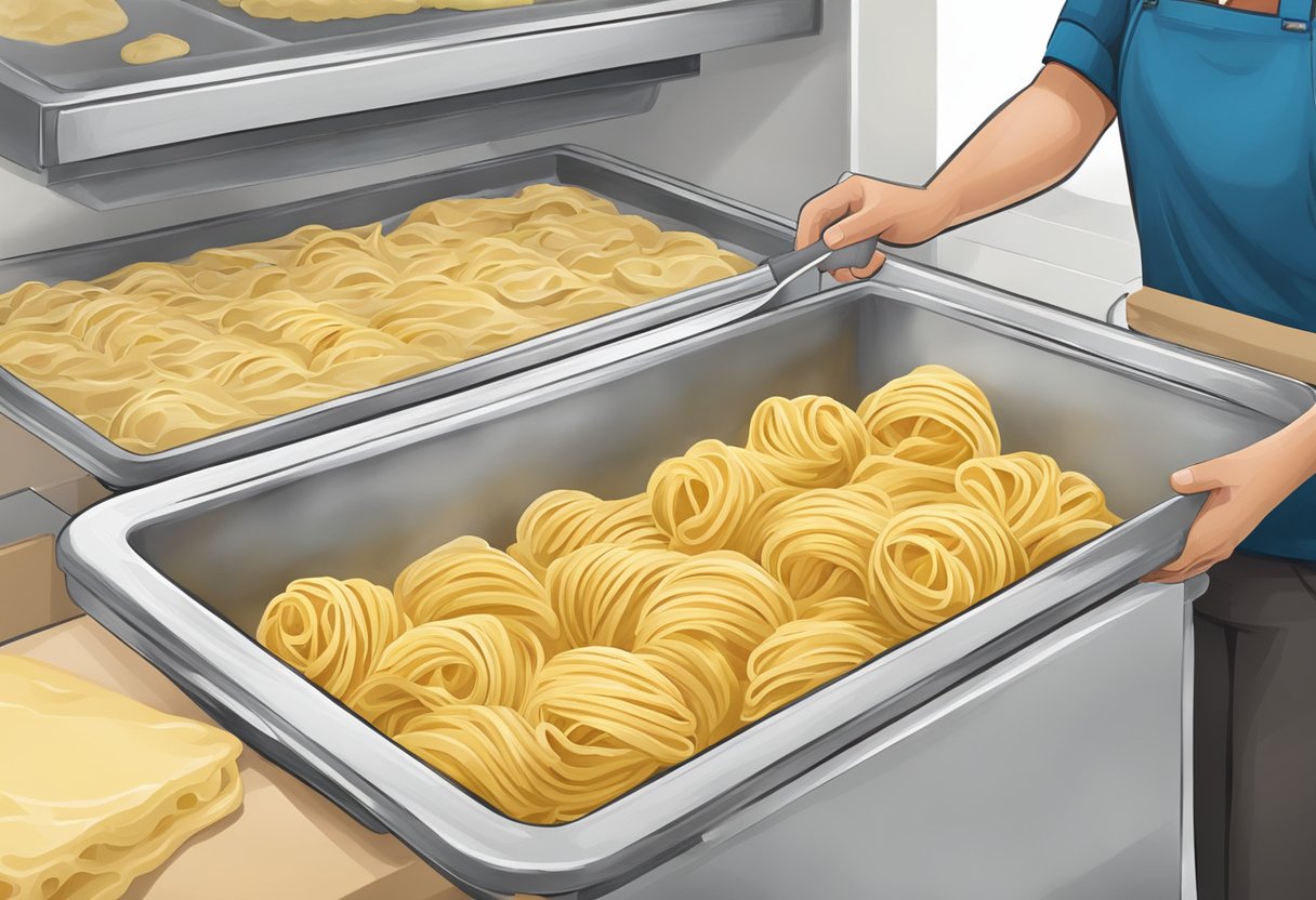 Fresh pasta dough being prepared and then placed in the freezer