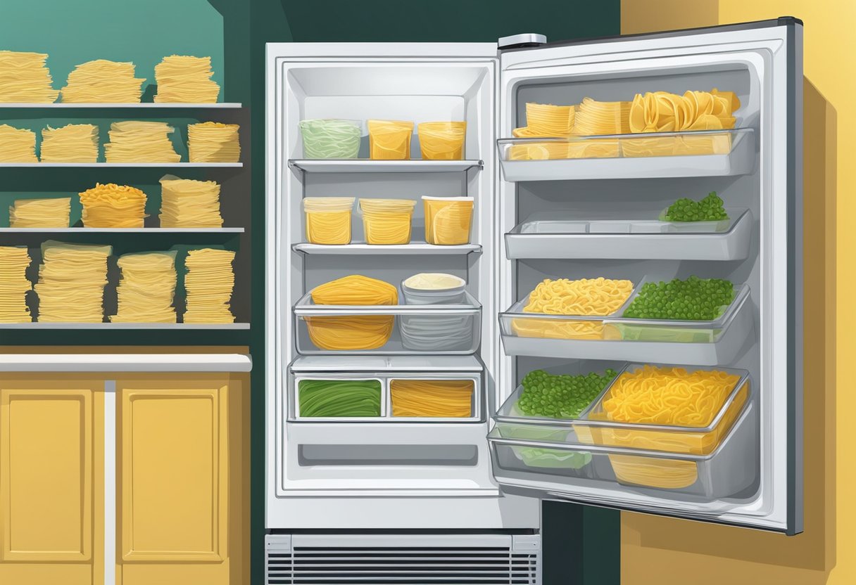 A refrigerator with shelves of fresh pasta packages, and a freezer with containers of frozen fresh pasta