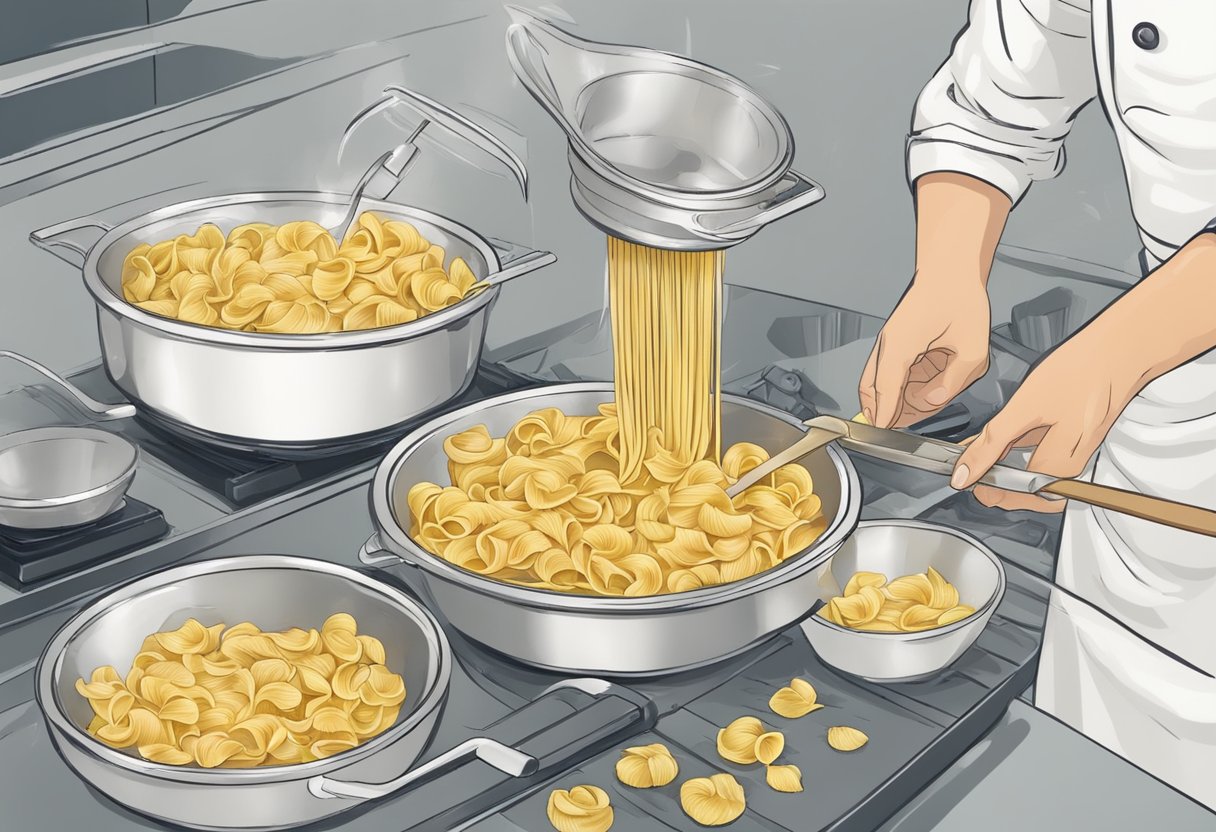 Fresh pasta being prepared and served, with the process of freezing depicted