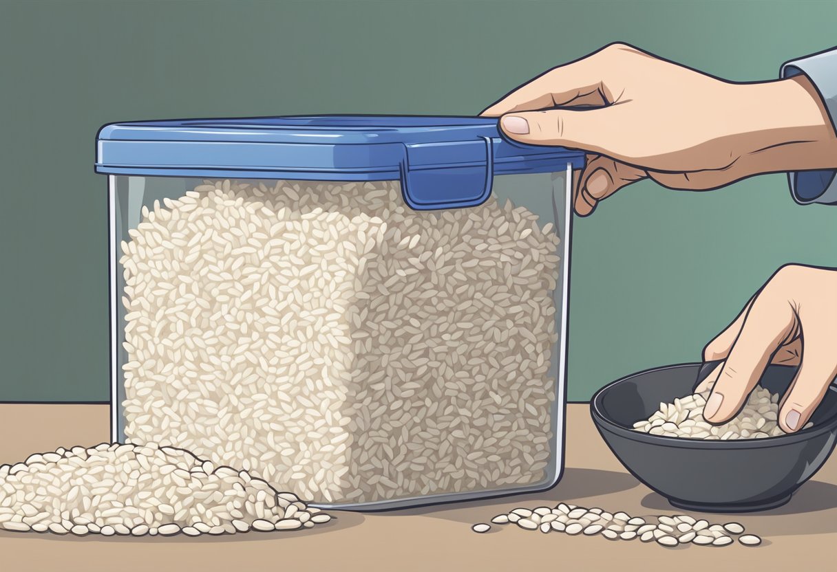 Rice being prepared for freezing in a container, with a hand sealing the lid tightly