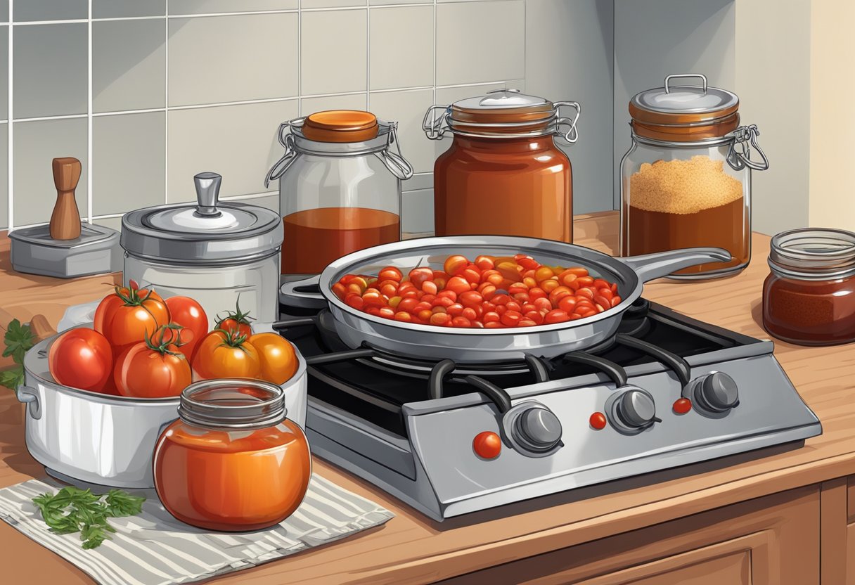 A table with tomatoes, onions, vinegar, sugar, and spices. A pot on a stove, simmering ketchup mixture. Jars and labels ready for filling