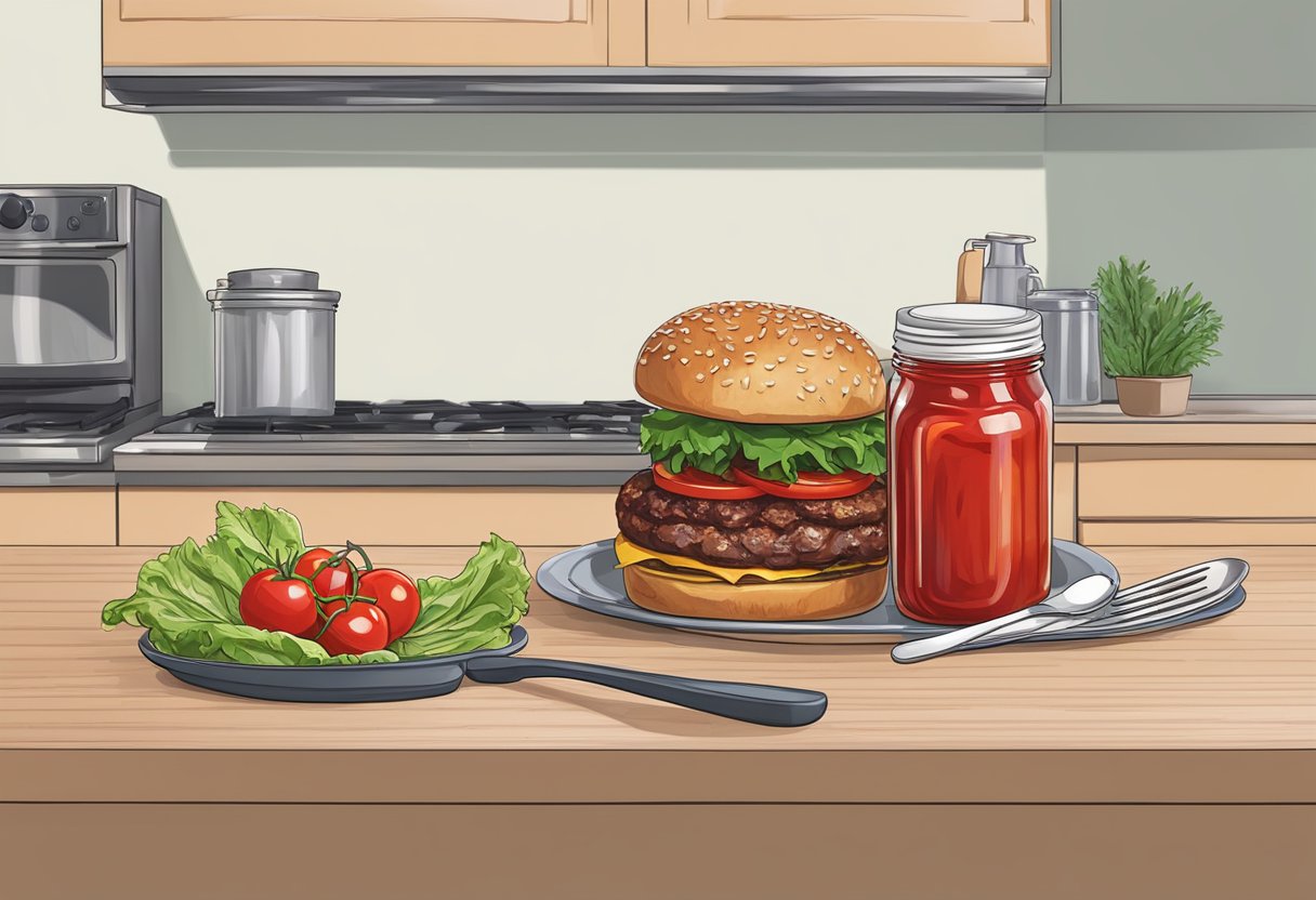 A jar of homemade ketchup sits on a kitchen counter next to a spoon and a freshly grilled burger