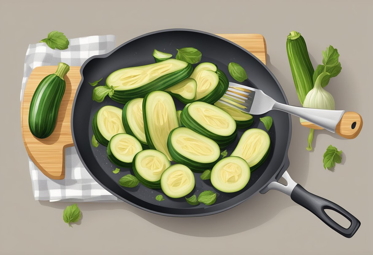 Zucchini being sliced and cooked in a frying pan