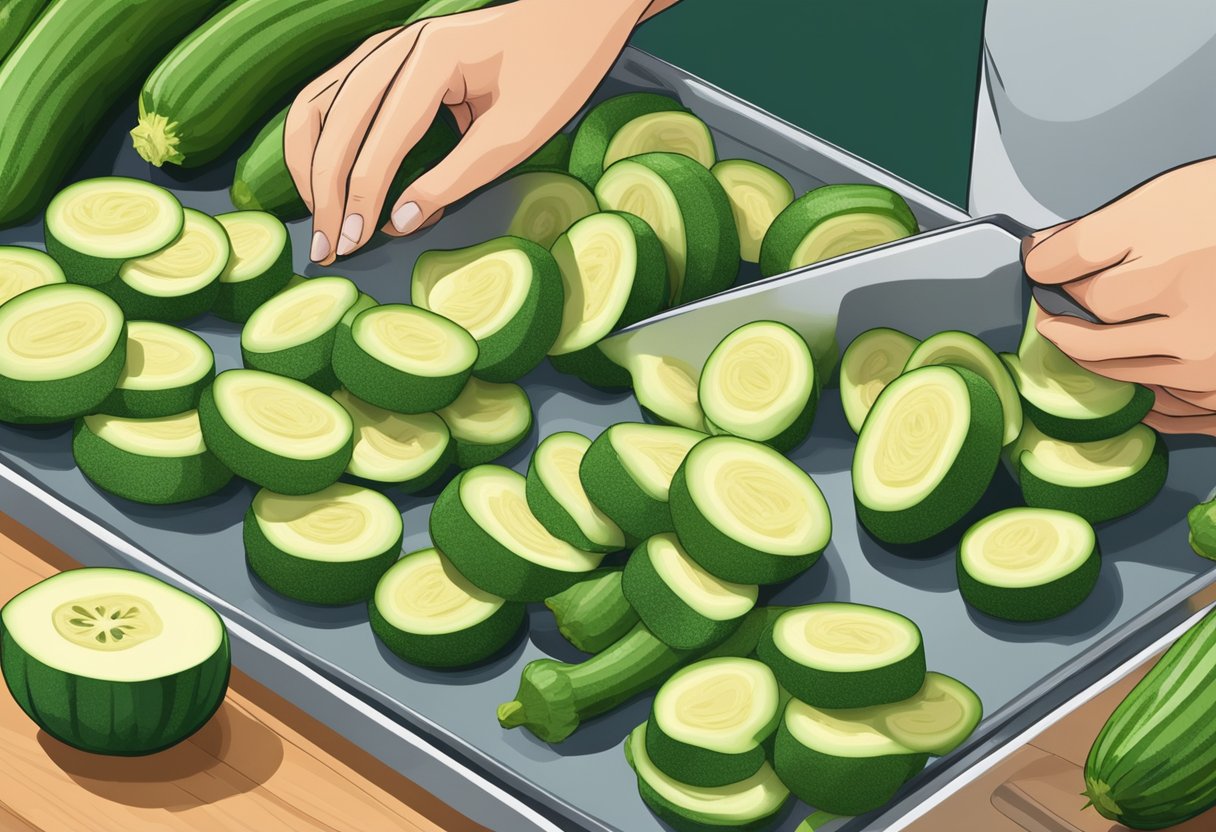 Fresh zucchini being sliced and arranged on a tray, ready to be frozen. Nutritional information displayed next to the zucchini