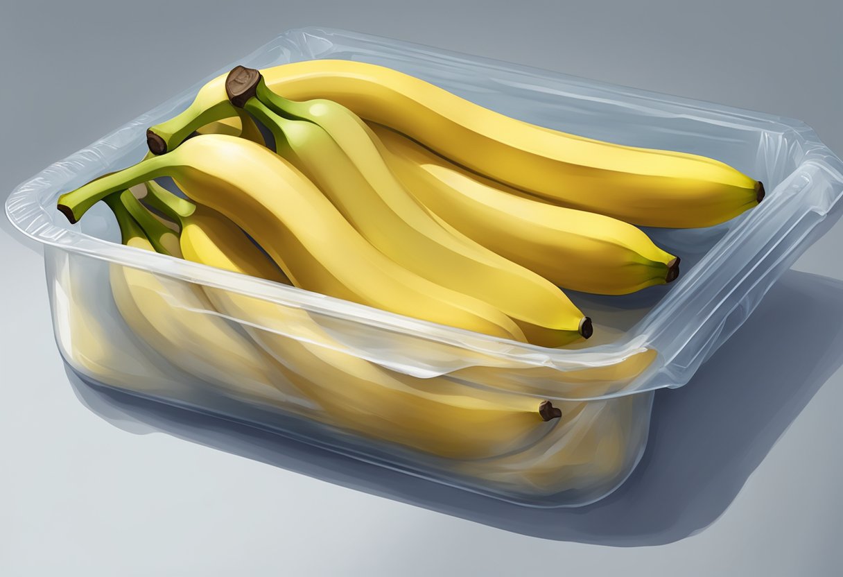 Bananer placed on a tray, covered in plastic wrap, then placed in the freezer