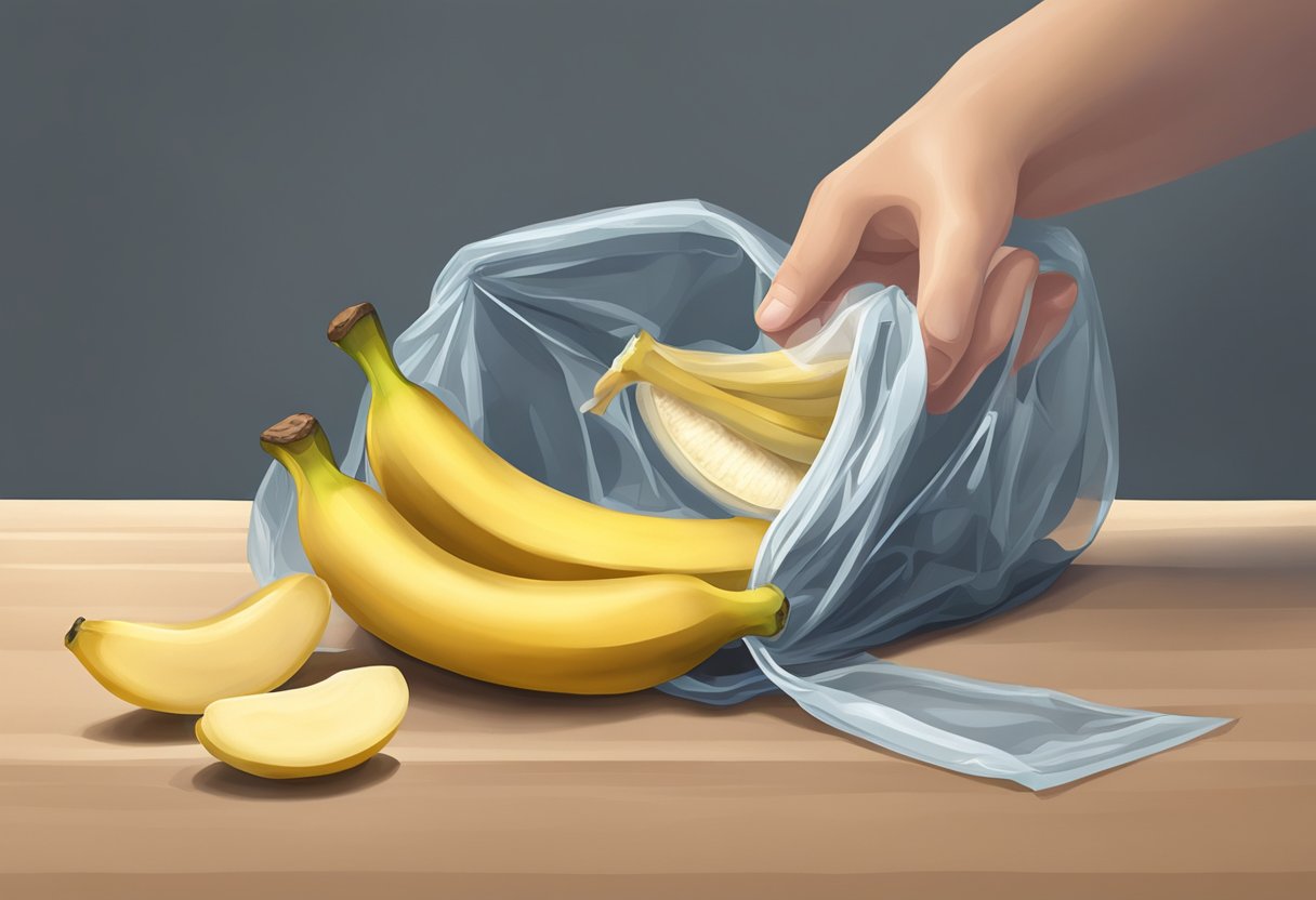 A ripe banana being peeled and placed in a freezer bag