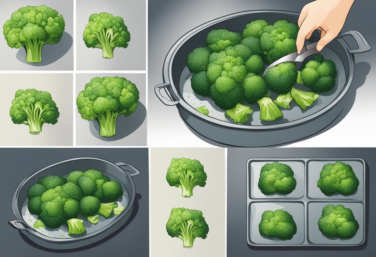 Broccoli being washed and cut, then placed on a tray for freezing