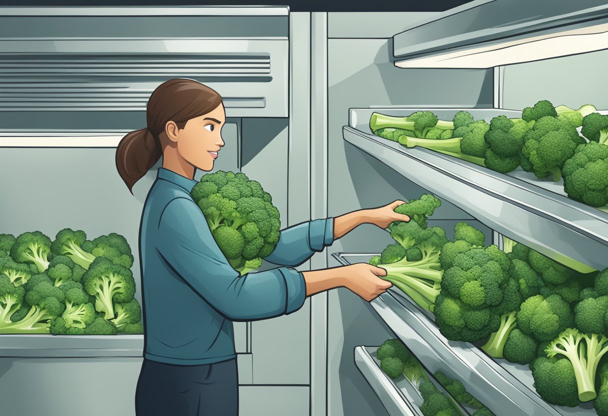 Broccoli being placed in a freezer for storage