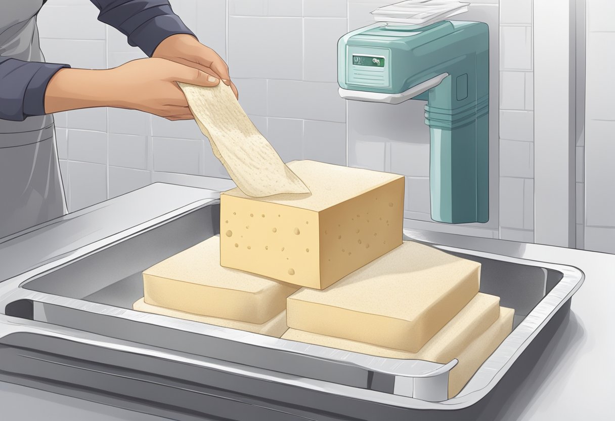 Tofu being pressed between paper towels and weighted down to remove excess moisture before freezing