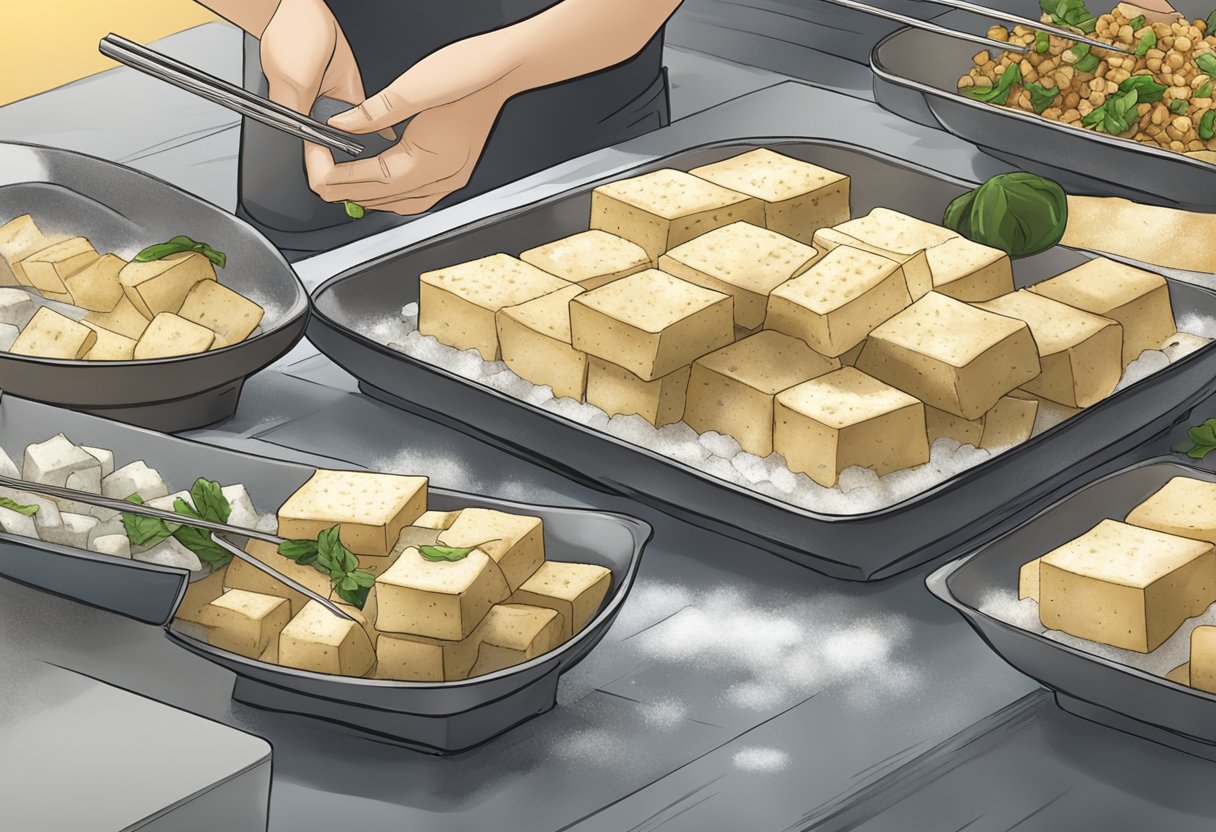 Tofu being seasoned and served in a frozen setting