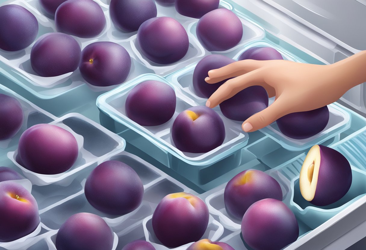 Frozen plums being placed in a freezer