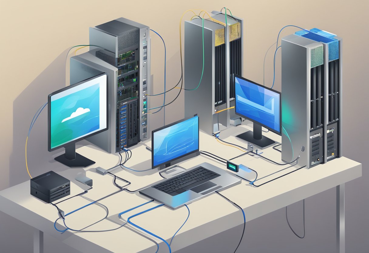 A computer connected to the internet router with multiple devices accessing the network. Cables and wireless signals show data transmission