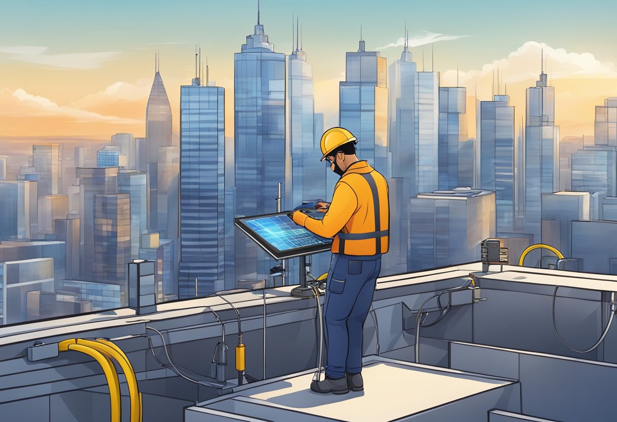 A technician installs 5G and fiber equipment on a rooftop. Cables and antennas are connected, with a city skyline in the background