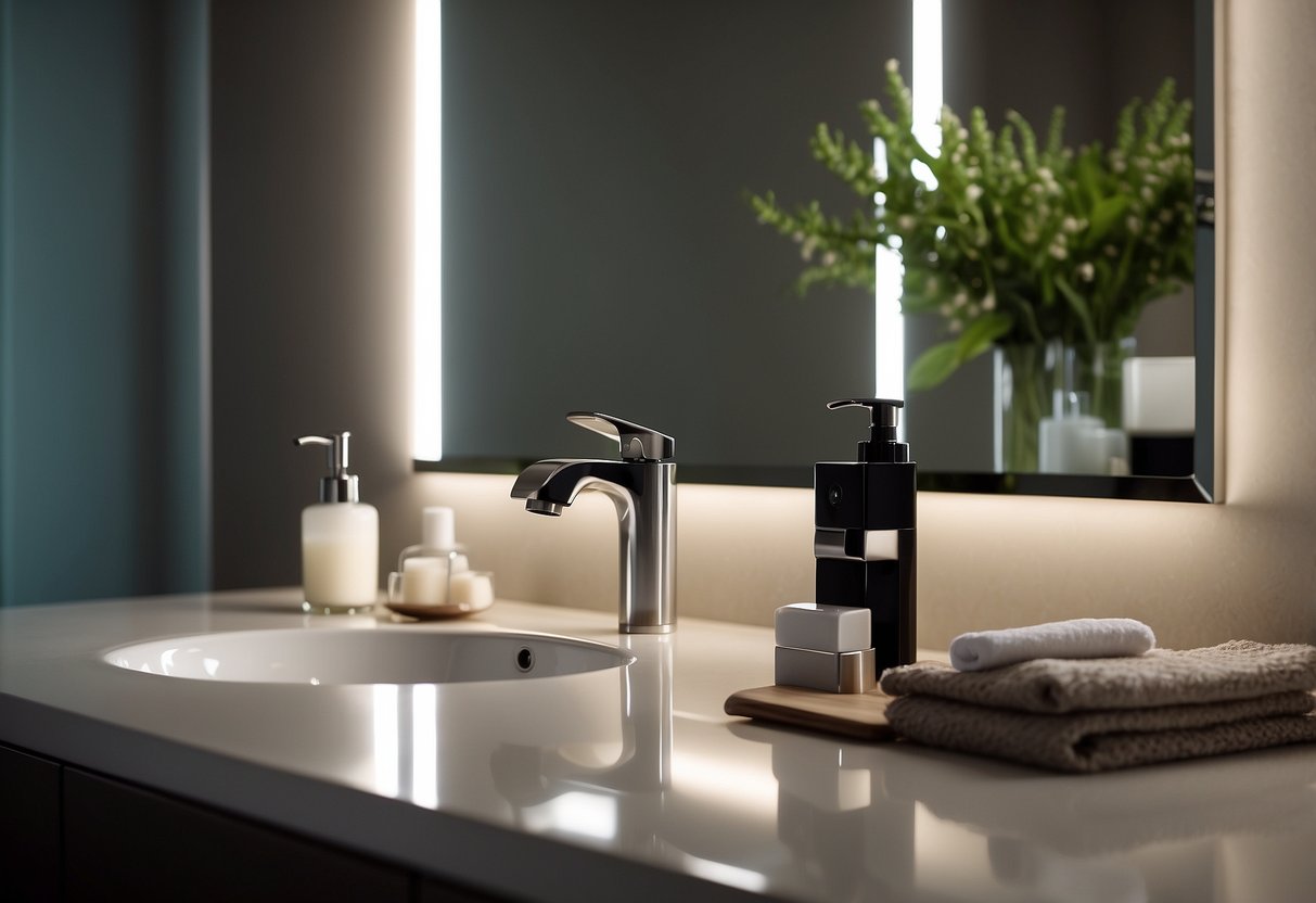 A modern bathroom with sleek fixtures and soft lighting. A camera on a tripod faces a large mirror. Toiletries and towels neatly arranged