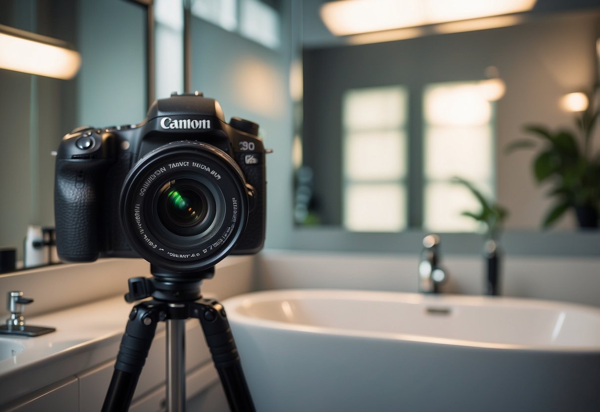 A camera on a tripod, softbox lights, and a mirror in a clean, modern bathroom