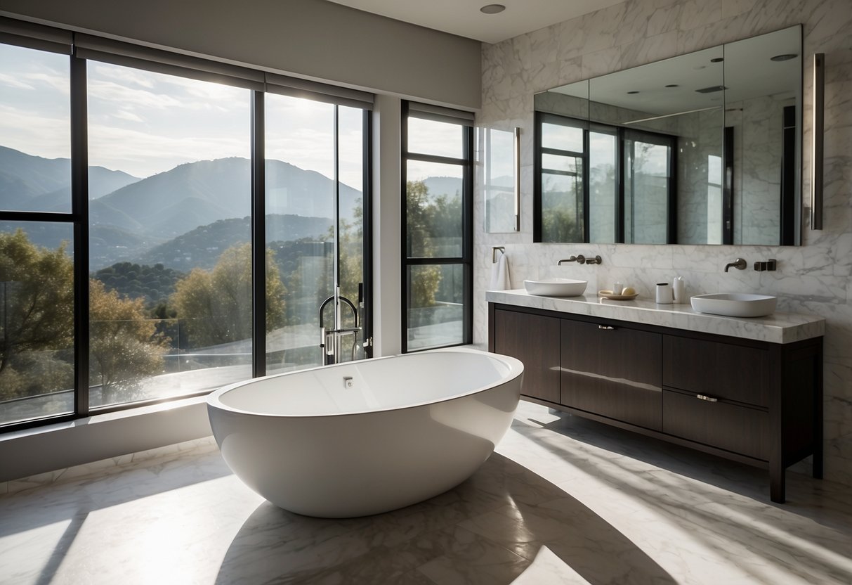 A modern bathroom with a freestanding bathtub, glass-enclosed shower, marble countertops, and sleek fixtures. Light streams in through a large window, highlighting the clean, minimalist design