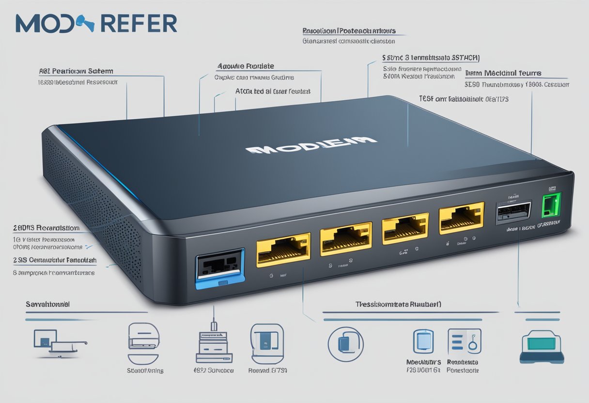 A modem and a router are shown side by side, with technical specifications and features highlighted