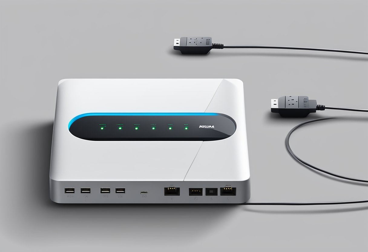 A modem and router sit side by side, connected with cables. The modem has a single incoming cable, while the router has multiple outgoing cables. The modem has a sleek, modern design, while the router is bulkier with multiple antennas