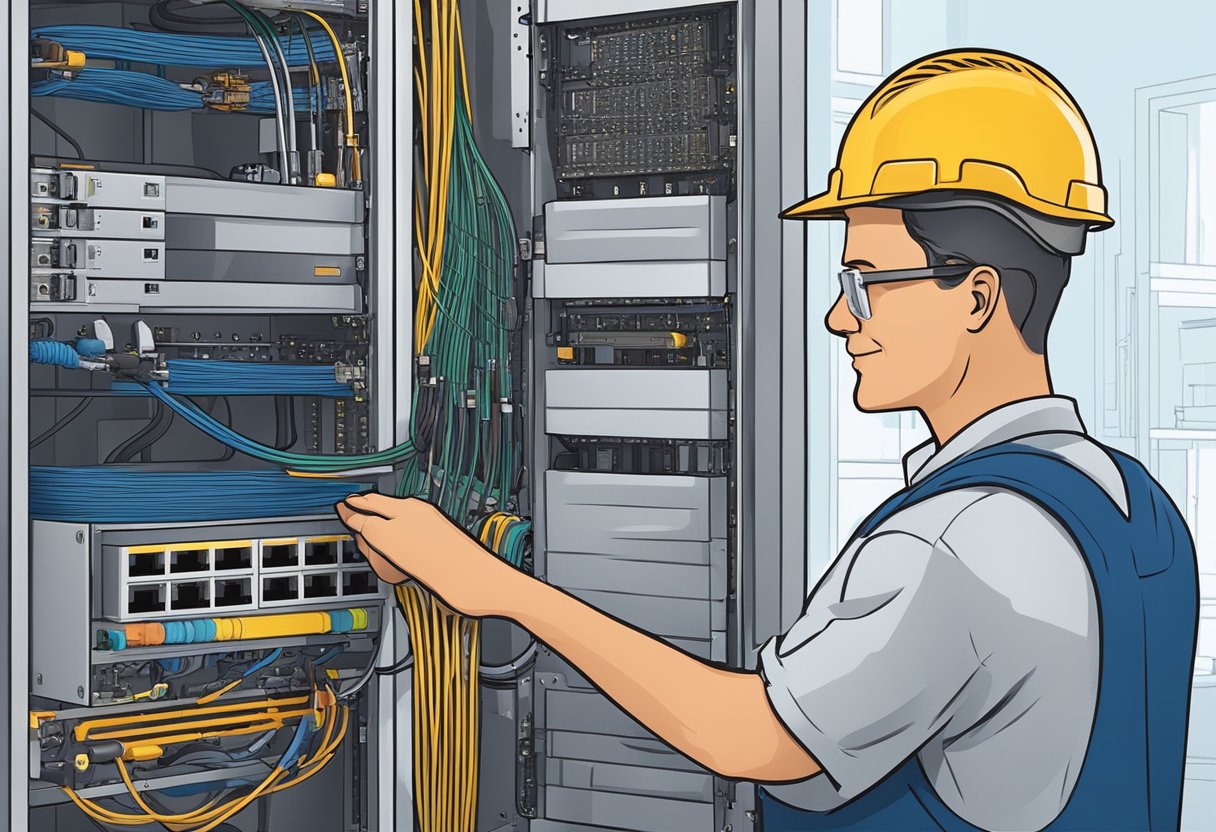 A technician installs and configures fiber and router equipment