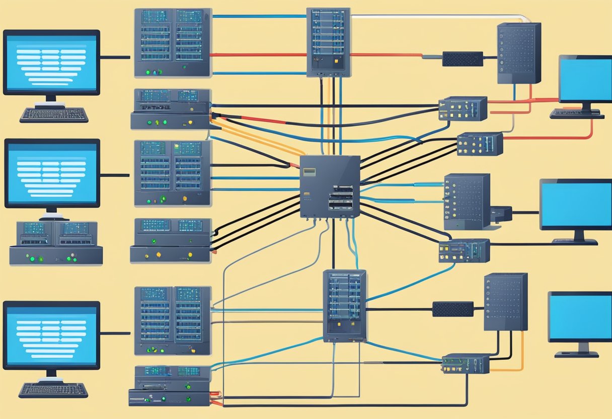 A network switch connects multiple devices via Ethernet cables. Data flows between devices, facilitated by the Ethernet protocol