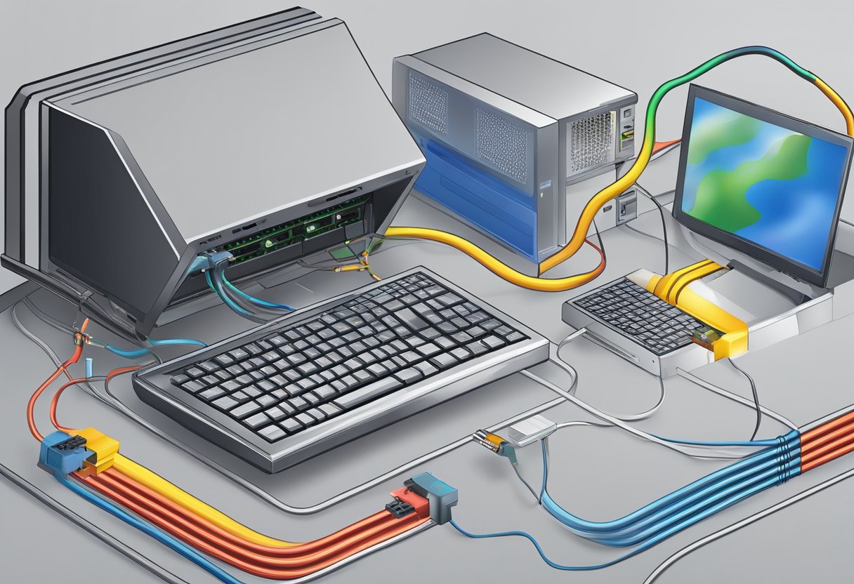 A computer connected to an Ethernet cable, with data flowing through the cable and into the computer