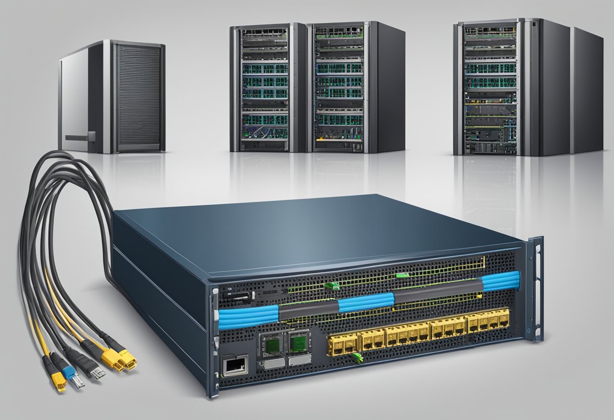 A network security and performance scene with WAN port equipment and cables