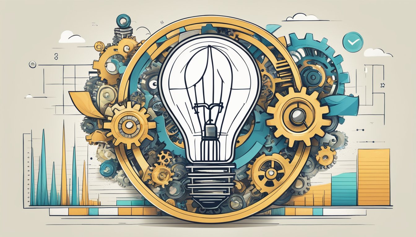 A lightbulb surrounded by gears and charts, symbolizing a strong business idea
