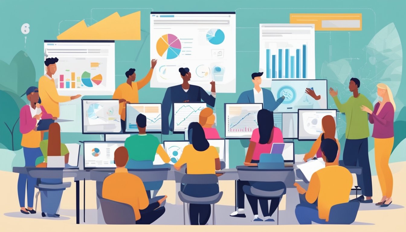 A group of people conducting market analysis and identifying target audience for a business idea