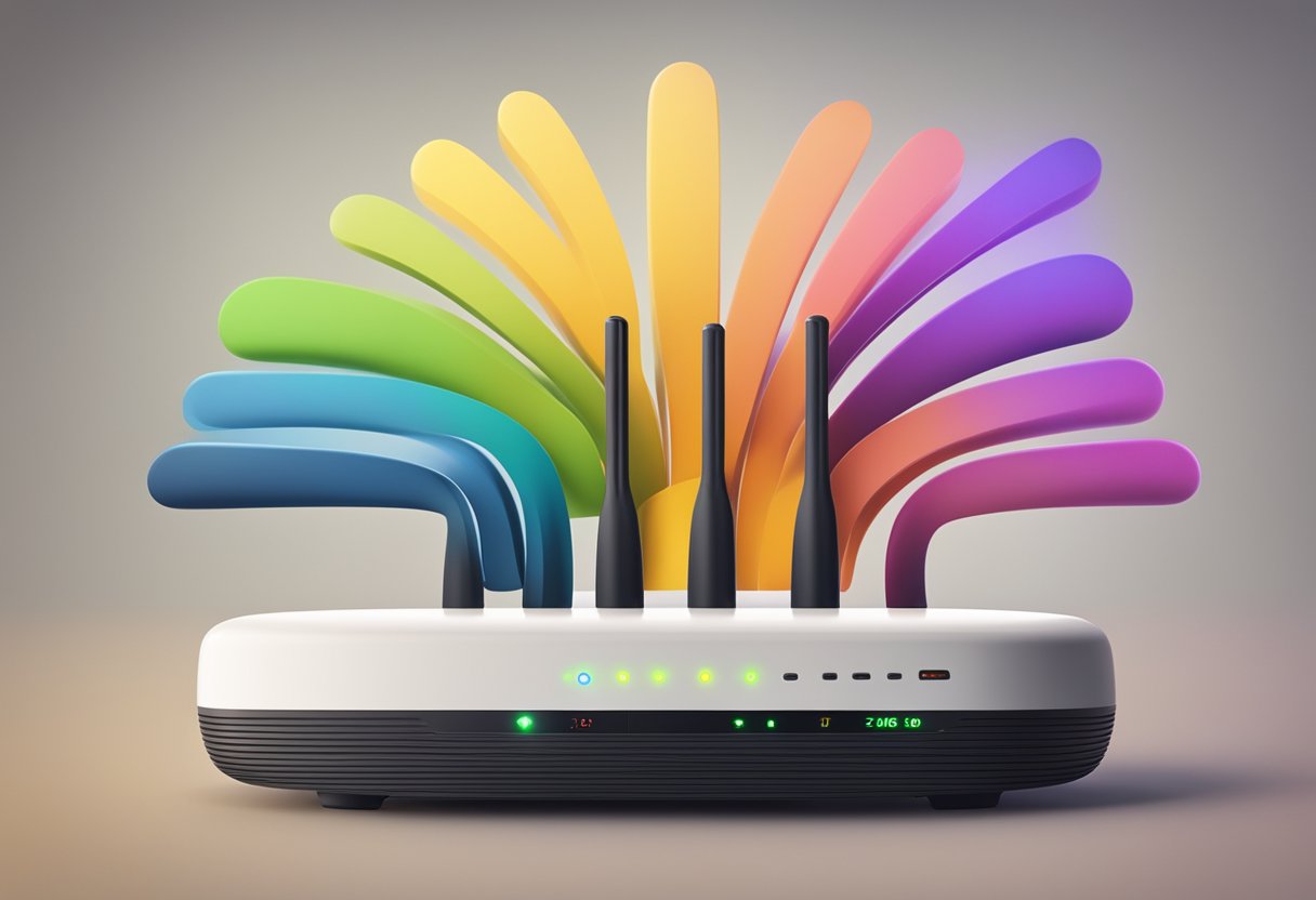 A router emitting strong WiFi signals, with signal bars showing increased performance, in a cozy home setting