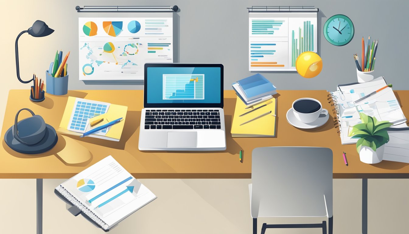 A table with a laptop, notepad, and pen. A lightbulb overhead symbolizes creativity. A flowchart and graphs on the wall represent product and service development