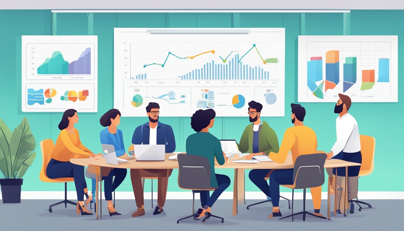 A group of people brainstorming marketing strategies around a table with charts and graphs on the wall