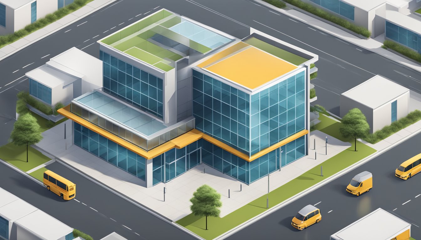 A modern office building with a strong and secure structure, surrounded by legal documents and protective barriers