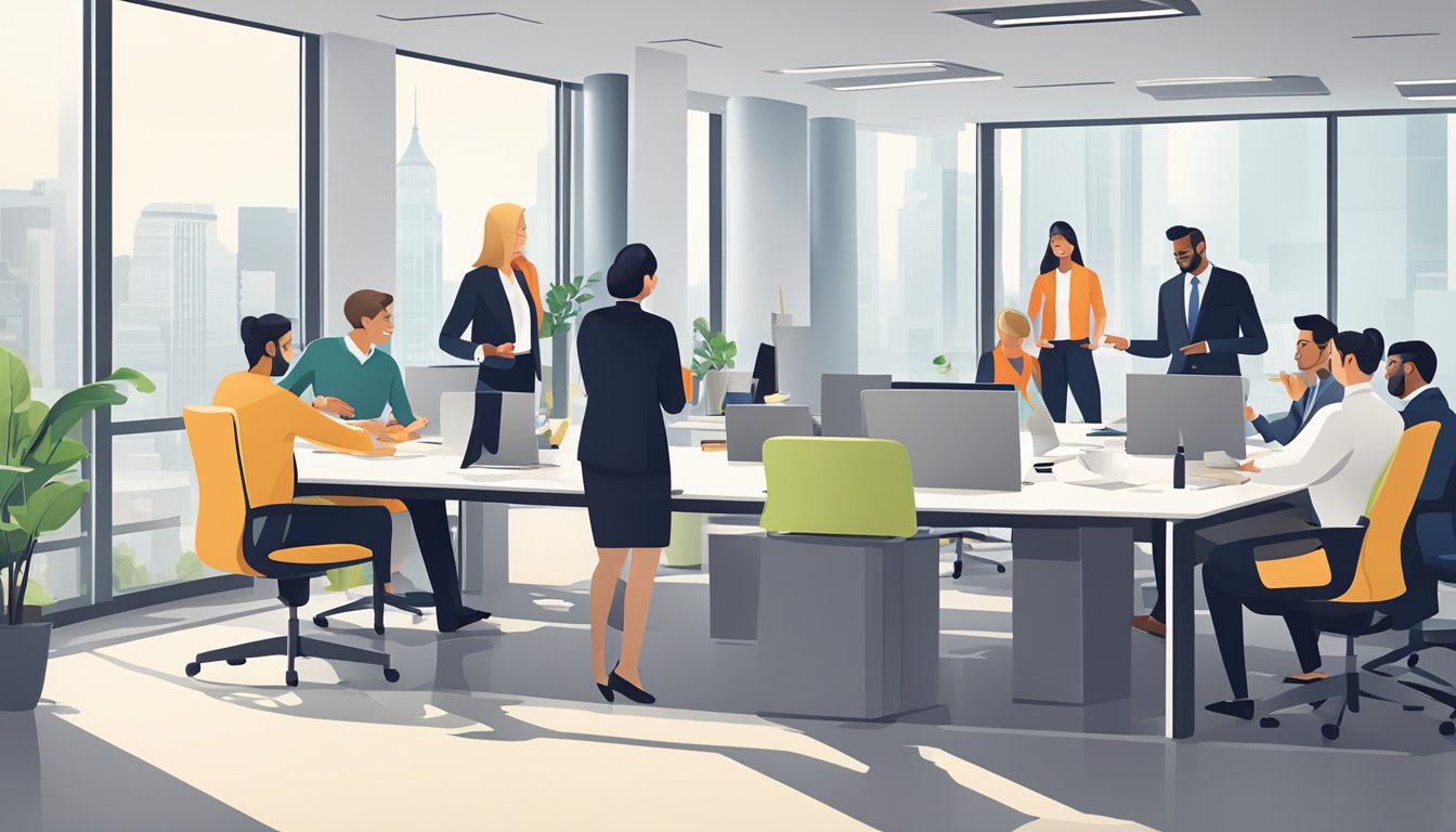 A group of professionals engaging in leadership and skill-building activities in a modern office setting